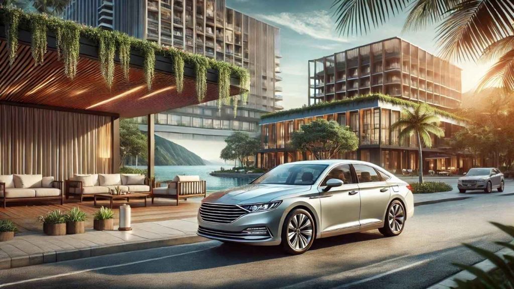 thuê xe cần thơ 4 chỗ bích long chờ đón khách trước khu du lịch cao cấp