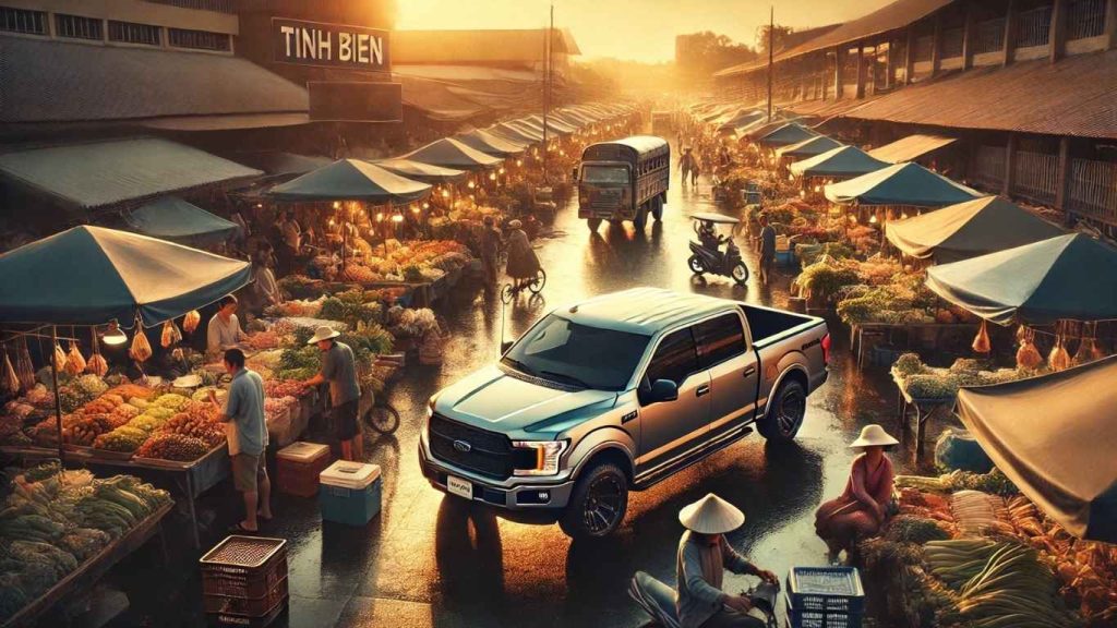 thuê xe dịch vụ miền tây- xe bán tải bích long đang đậu ở chợ cà mau