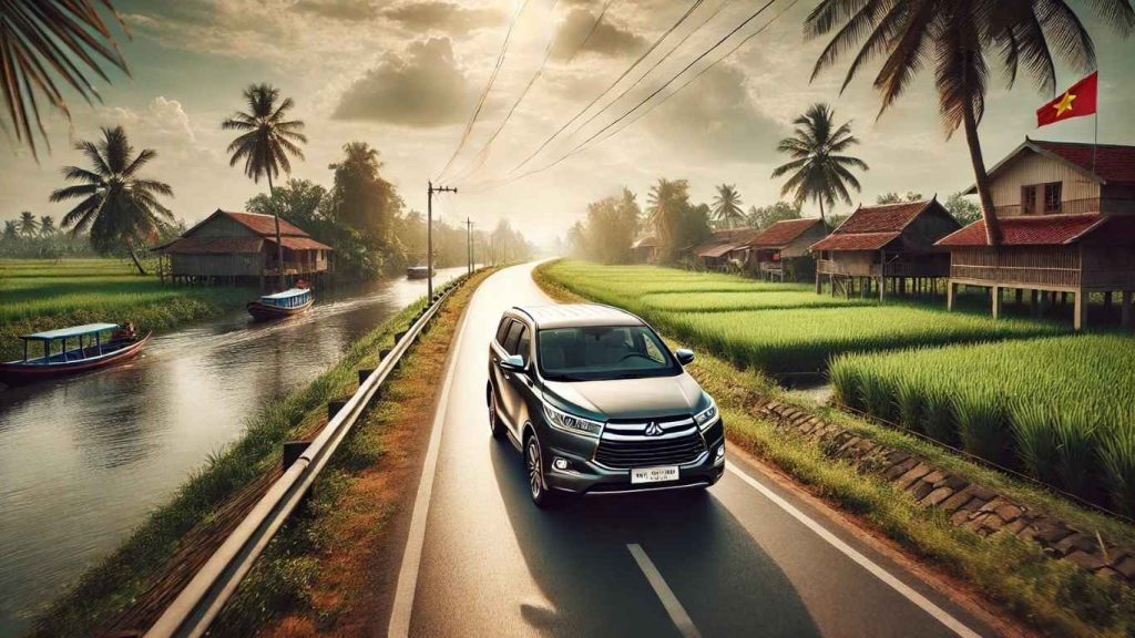thuê xe dịch vụ cần thơ- xe 7 chỗ Bích Long đời mới chạy trên đường quê Miền Tây
